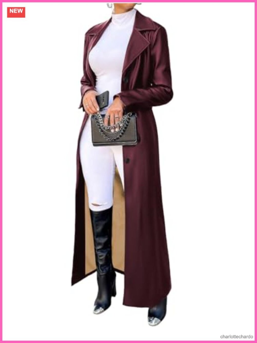 Faux Leather Long Trench Coat Lapel Collar Button Down Maxi Duster Jacket